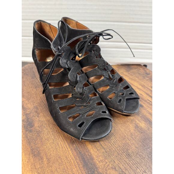 PAUL GREEN Black Open Toe Lace Up Suede Sandal Booties Shoes Sz 7 - Picture 2 of 8